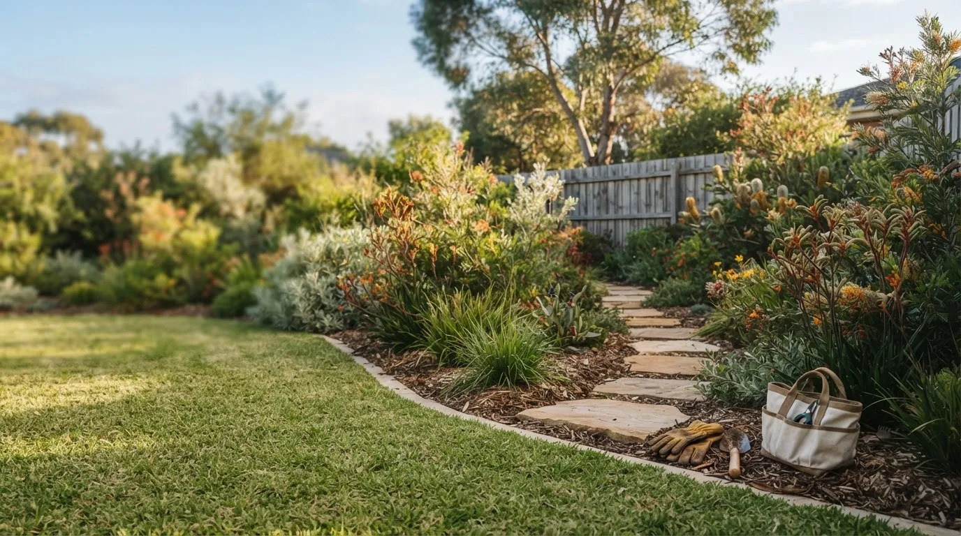 A maintained suburban garden with native planting and a curved stone path
