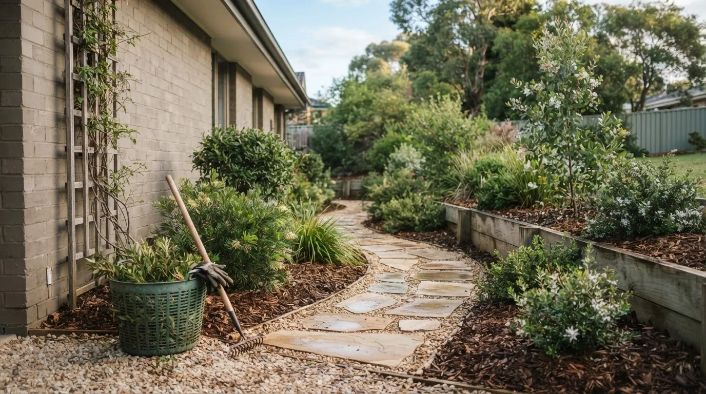 A tidy native side garden with a swept stone path and garden tools