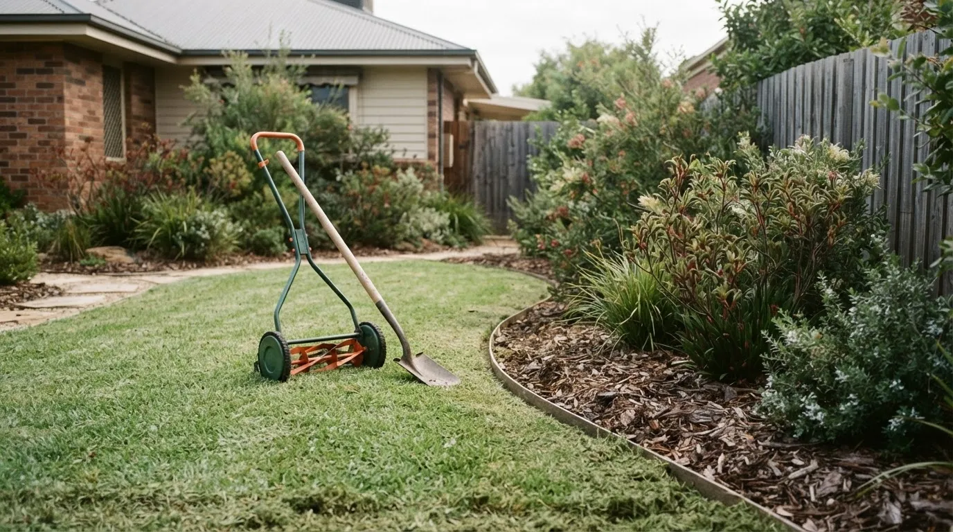 A neatly edged lawn beside an established native garden bed