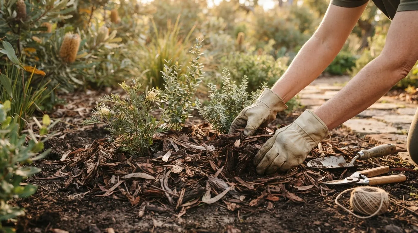 Gloved hands spreading mulch around newly planted native shrubs